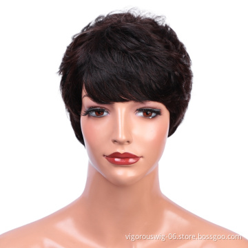 Brown Natural 100% Real Brazilian Raw Machine Pixie For Black Women With Bangs Curly Short Real Human Hair Wigs